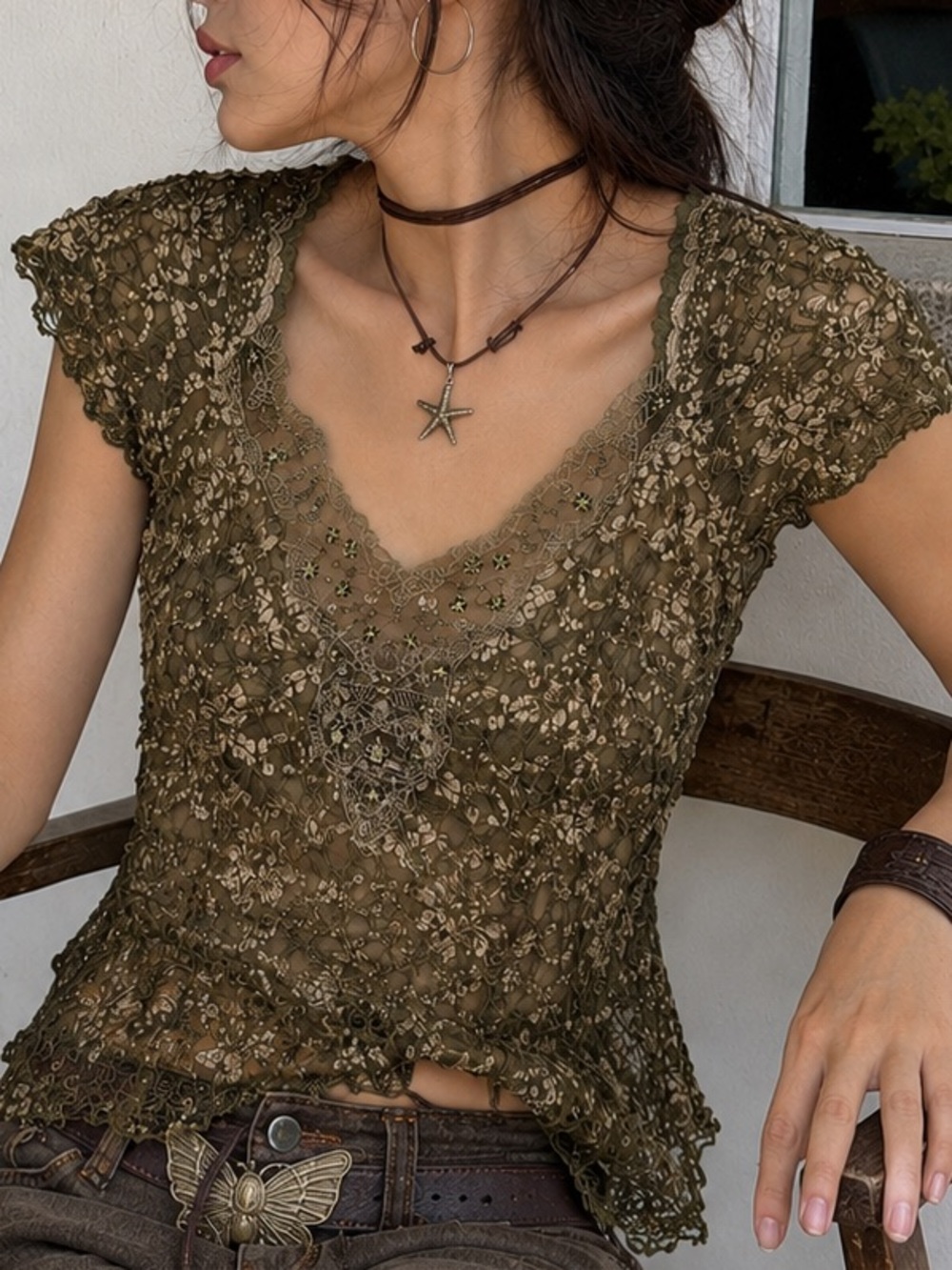 Ann Ferriday Vintage Lace Sequin Mesh Fairycore Whimsigoth Cap Sleeve Top OS
